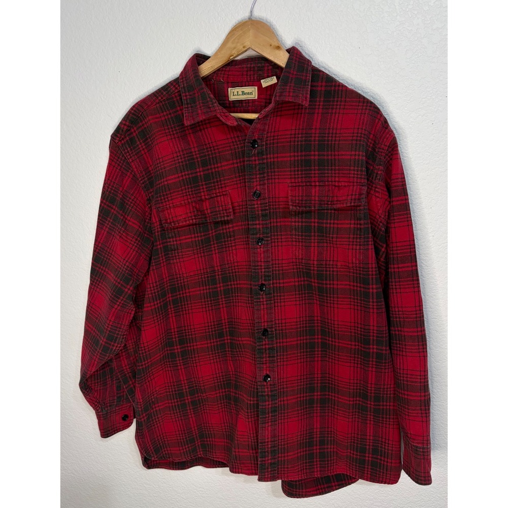 LL Bean Mens XL Red Black Plaid Flannel Button Down Shirt 100% Cotton G027 - Picture 1 of 5